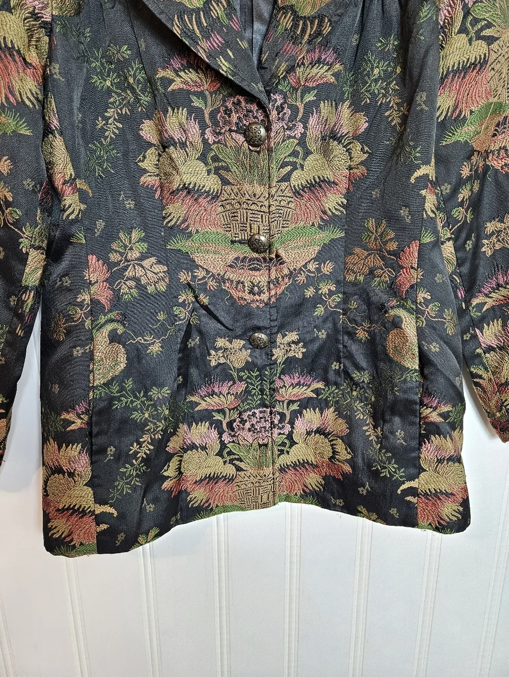 CAbi Blazer Size L Chenoise #704 Chinoiserie Floral Tapestry Jacquard Black Gold